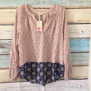 Boden Pink and Navy Floral Peasant Blouse
